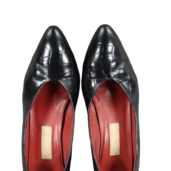 Paloma Shoes Womens 7.5 Pumps Fashion Classic Leather Croc Point Toe Black Italy
