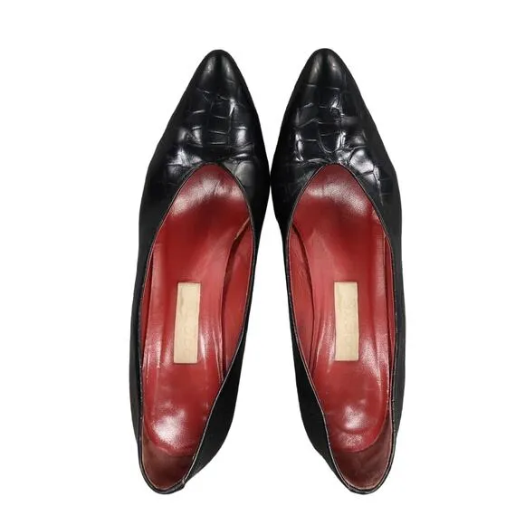 Paloma Shoes Womens 7.5 Pumps Fashion Classic Leather Croc Point Toe Black Italy