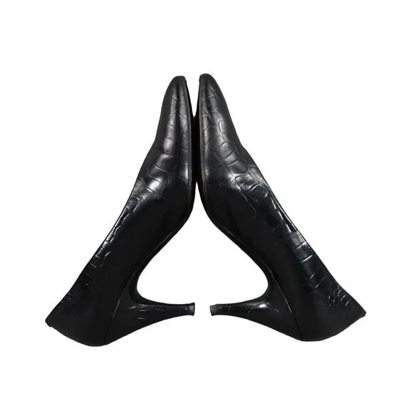Paloma Shoes Womens 7.5 Pumps Fashion Classic Leather Croc Point Toe Black Italy