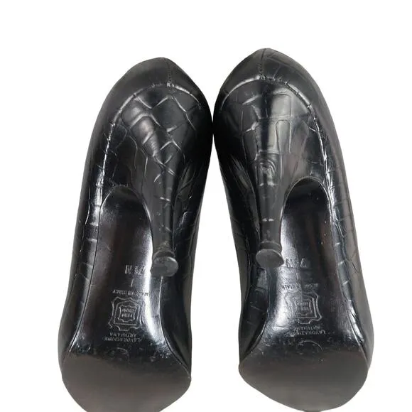 Paloma Shoes Womens 7.5 Pumps Fashion Classic Leather Croc Point Toe Black Italy