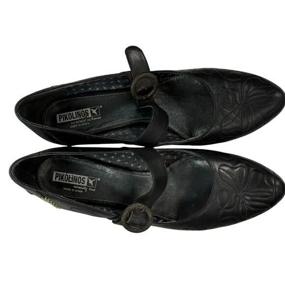 Pikolinos Black Leather Buckle Mary Jane Low Shoes Size EU 42 US 11 Wedge‎ Heel