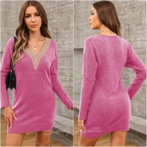 Pink V-Neck Sweater Dress