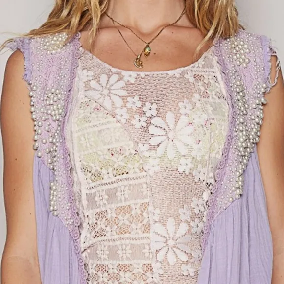 POL Lace Pearl Embroidered Patchwork Boho Vest Gauze Raw Hem Sleeveless Cardigan