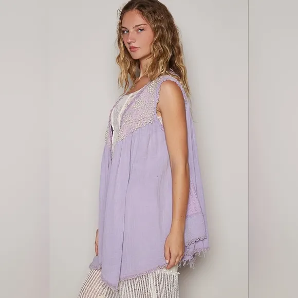 POL Lace Pearl Embroidered Patchwork Boho Vest Gauze Raw Hem Sleeveless Cardigan