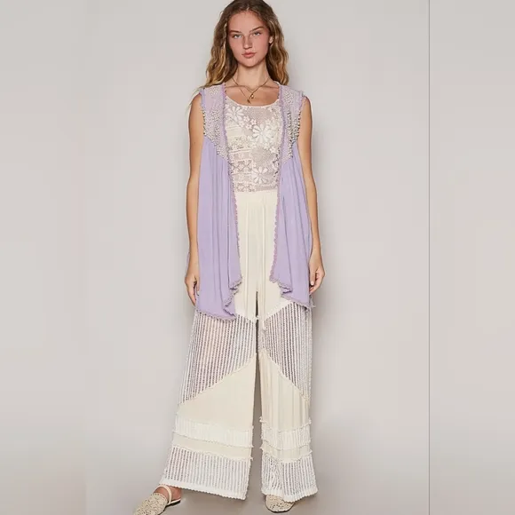POL Lace Pearl Embroidered Patchwork Boho Vest Gauze Raw Hem Sleeveless Cardigan
