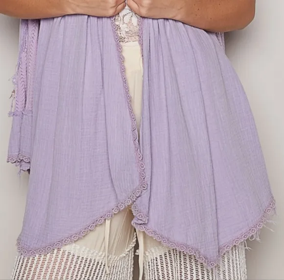 POL Lace Pearl Embroidered Patchwork Boho Vest Gauze Raw Hem Sleeveless Cardigan