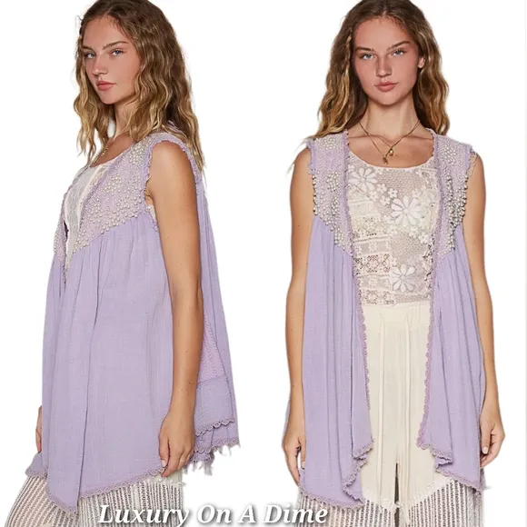 POL Lace Pearl Embroidered Patchwork Boho Vest Gauze Raw Hem Sleeveless Cardigan