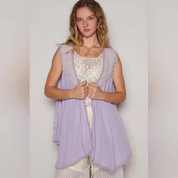 POL Lace Pearl Embroidered Patchwork Boho Vest Gauze Raw Hem Sleeveless Cardigan