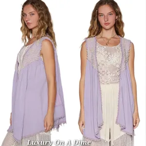 POL Lace Pearl Embroidered Patchwork Boho Vest Gauze Raw Hem Sleeveless Cardigan