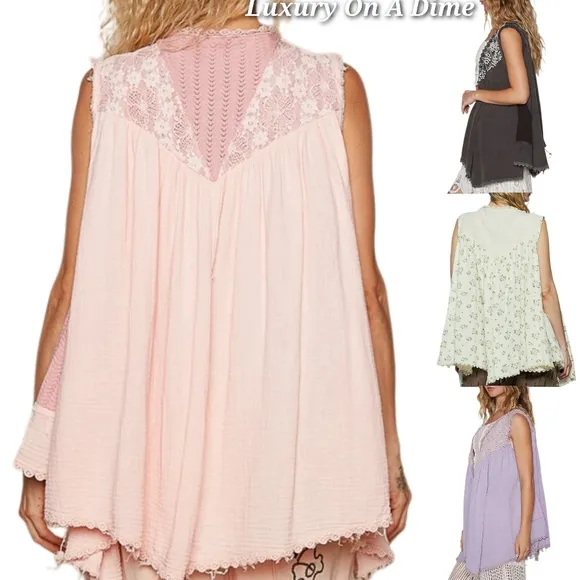 POL Lace Pearl Embroidered Patchwork Boho Vest Gauze Raw Hem Sleeveless Cardigan