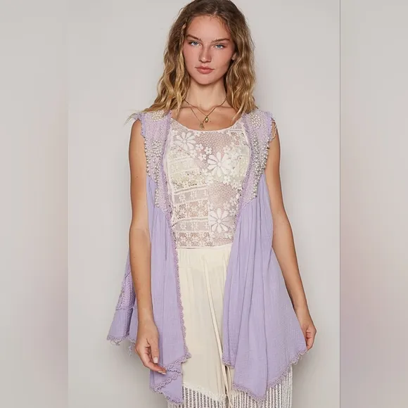 POL Lace Pearl Embroidered Patchwork Boho Vest Gauze Raw Hem Sleeveless Cardigan