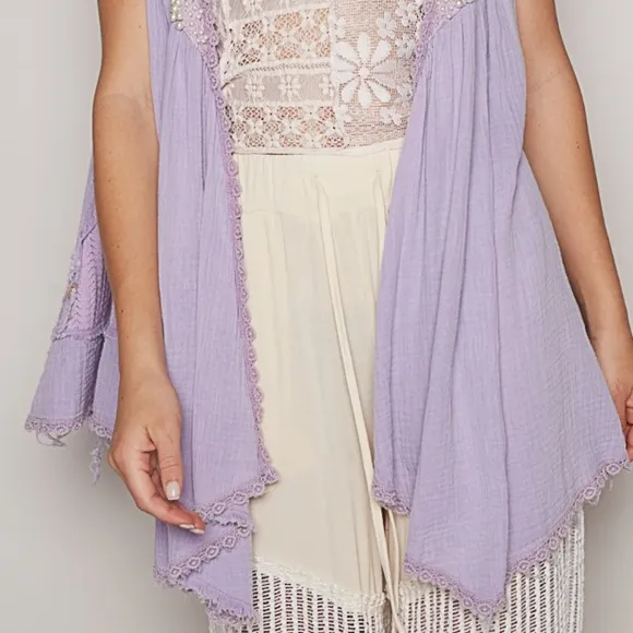 POL Lace Pearl Embroidered Patchwork Boho Vest Gauze Raw Hem Sleeveless Cardigan