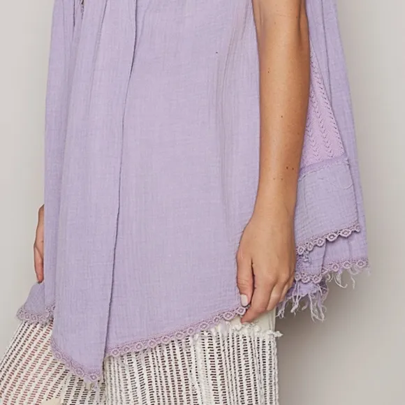 POL Lace Pearl Embroidered Patchwork Boho Vest Gauze Raw Hem Sleeveless Cardigan