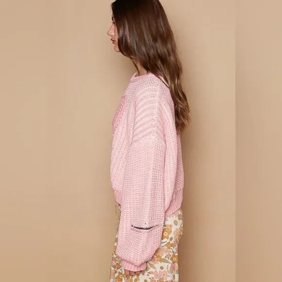 POL Round Neck Heart Patch Zipper Point Sleeve Sweater 10010016288
