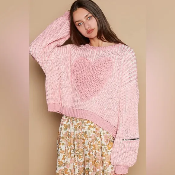 POL Round Neck Heart Patch Zipper Point Sleeve Sweater 10010016288