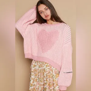POL Round Neck Heart Patch Zipper Point Sleeve Sweater 10010016288