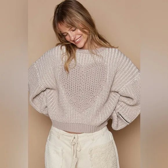 POL Round Neck Heart Patch Zipper Point Sleeve Sweater 10010068600