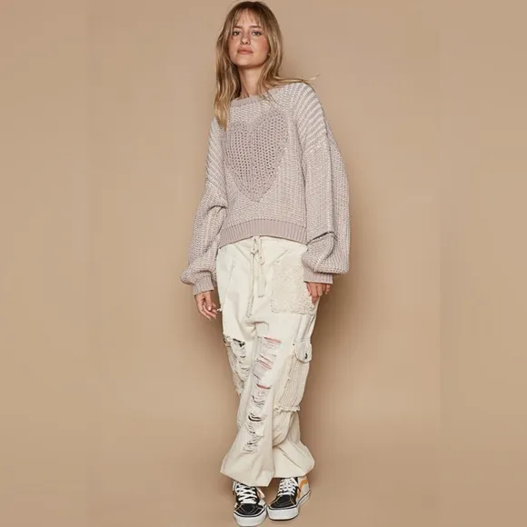 POL Round Neck Heart Patch Zipper Point Sleeve Sweater 10010068600