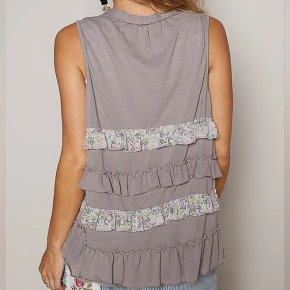 POL Ruffle Patchwork Retro Floral Boho Vest Hippie Raw Seam Sleeveless Cardigan