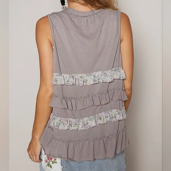 POL Ruffle Patchwork Retro Floral Boho Vest Hippie Raw Seam Sleeveless Cardigan