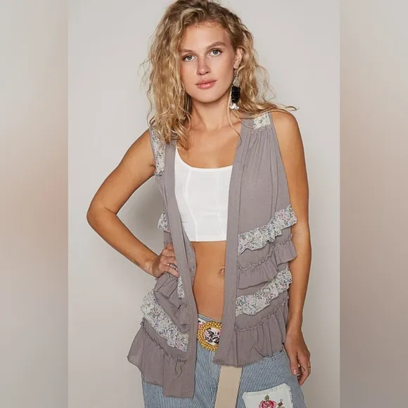 POL Ruffle Patchwork Retro Floral Boho Vest Hippie Raw Seam Sleeveless Cardigan