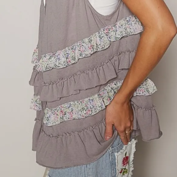 POL Ruffle Patchwork Retro Floral Boho Vest Hippie Raw Seam Sleeveless Cardigan