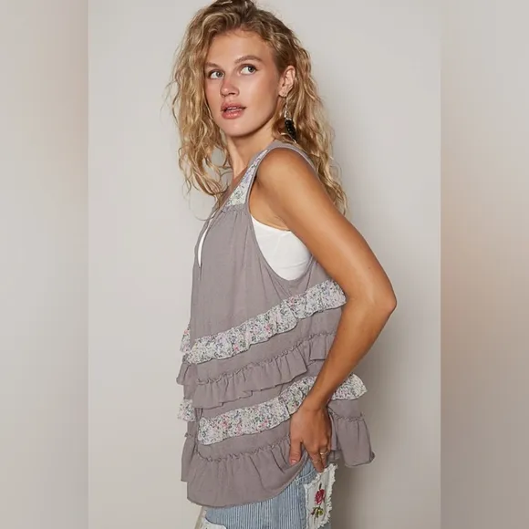 POL Ruffle Patchwork Retro Floral Boho Vest Hippie Raw Seam Sleeveless Cardigan