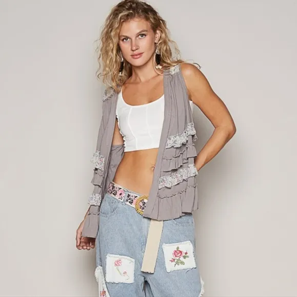 POL Ruffle Patchwork Retro Floral Boho Vest Hippie Raw Seam Sleeveless Cardigan