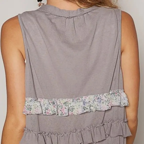 POL Ruffle Patchwork Retro Floral Boho Vest Hippie Raw Seam Sleeveless Cardigan