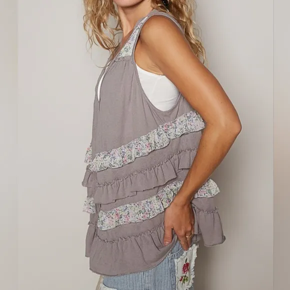 POL Ruffle Patchwork Retro Floral Boho Vest Hippie Raw Seam Sleeveless Cardigan