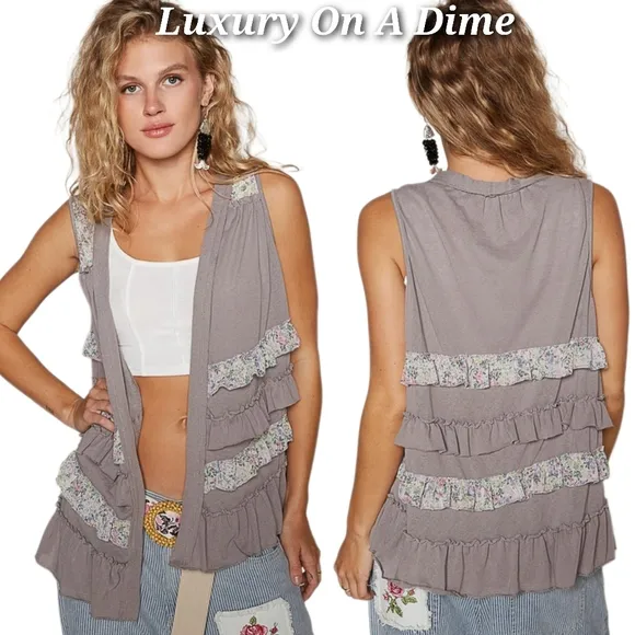 POL Ruffle Patchwork Retro Floral Boho Vest Hippie Raw Seam Sleeveless Cardigan
