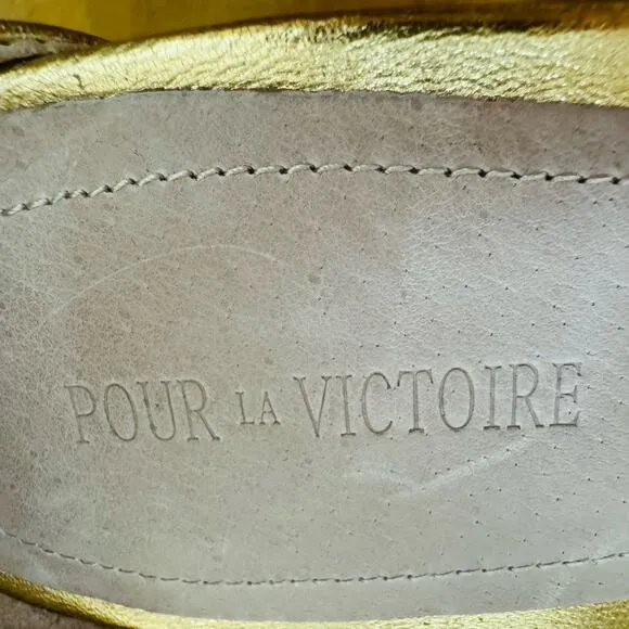 Pour La Victoire The Shanna Gold Perforated Straps Leather Lace Up Heels Sz 9.5