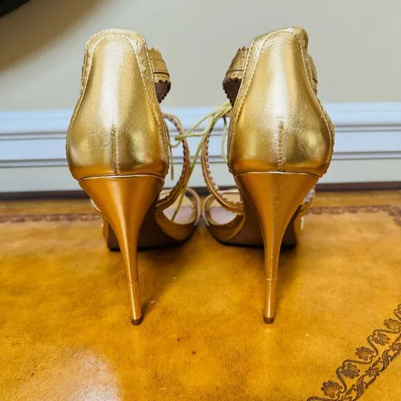 Pour La Victoire The Shanna Gold Perforated Straps Leather Lace Up Heels Sz 9.5
