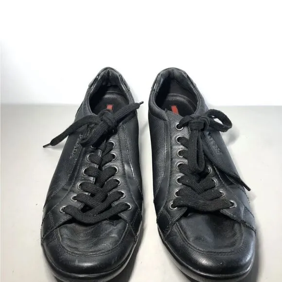 Prada Black Leather Lace Up Casual Low Top Sneaker Shoes Men’s Sz 10.5M US/44EU