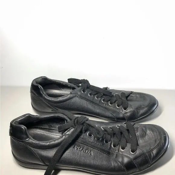 Prada Black Leather Lace Up Casual Low Top Sneaker Shoes Men’s Sz 10.5M US/44EU