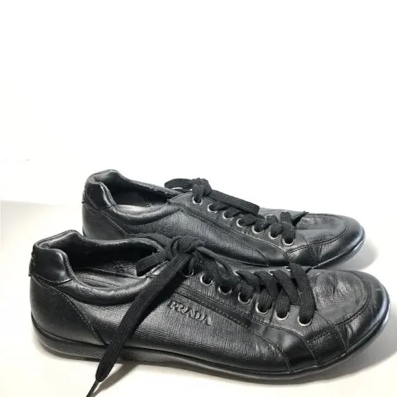 Prada Black Leather Lace Up Casual Low Top Sneaker Shoes Men’s Sz 10.5M US/44EU