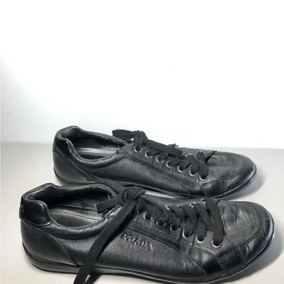 Prada Black Leather Lace Up Casual Low Top Sneaker Shoes Men’s Sz 10.5M US/44EU
