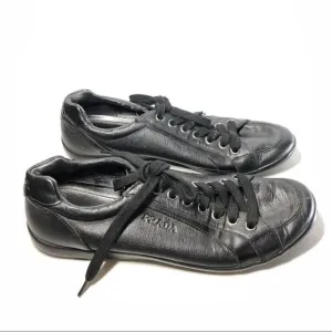 Prada Black Leather Lace Up Casual Low Top Sneaker Shoes Men’s Sz 10.5M US/44EU