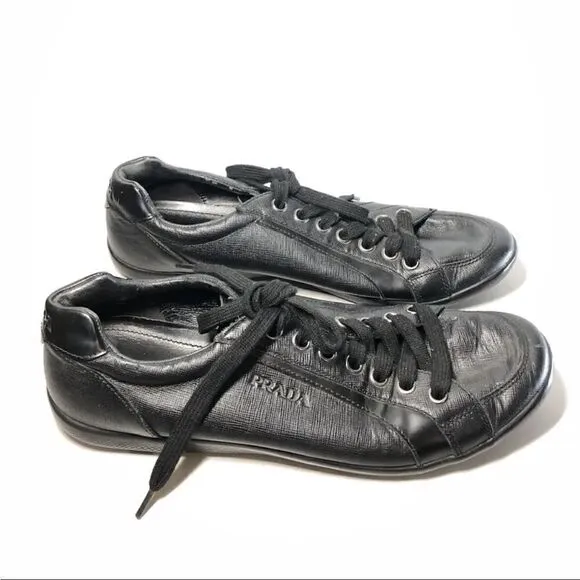 Prada Black Leather Lace Up Casual Low Top Sneaker Shoes Men’s Sz 10.5M US/44EU