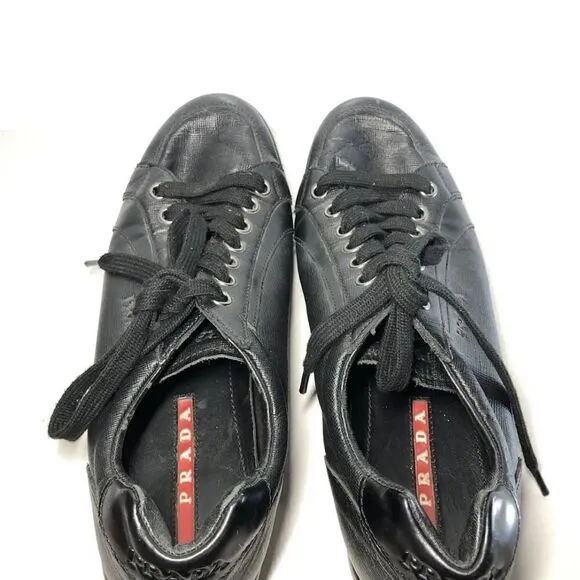 Prada Black Leather Lace Up Casual Low Top Sneaker Shoes Men’s Sz 10.5M US/44EU