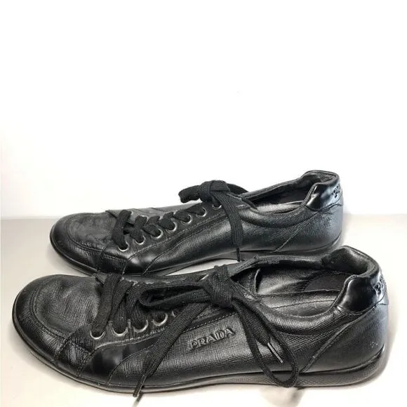 Prada Black Leather Lace Up Casual Low Top Sneaker Shoes Men’s Sz 10.5M US/44EU