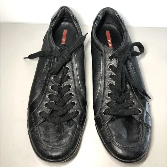 Prada Black Leather Lace Up Casual Low Top Sneaker Shoes Men’s Sz 10.5M US/44EU