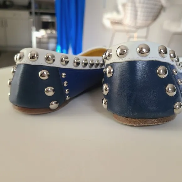 PRADA Driving Moc Studded Silver Embellished Loafer Flat Royal Navy White 36