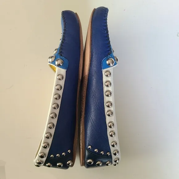 PRADA Driving Moc Studded Silver Embellished Loafer Flat Royal Navy White 36