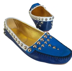 PRADA Driving Moc Studded Silver Embellished Loafer Flat Royal Navy White 36