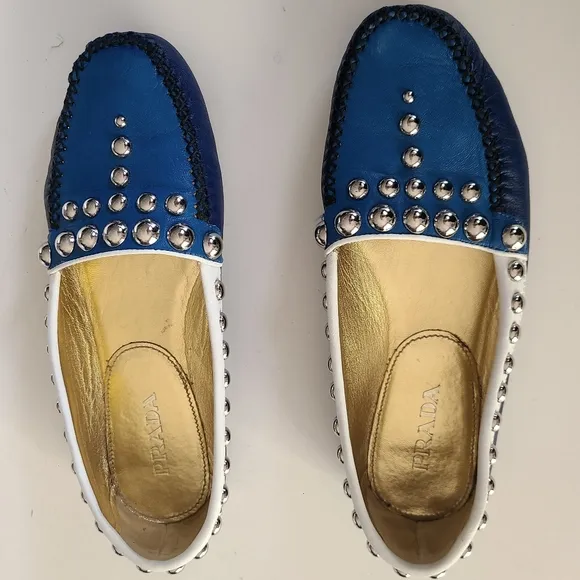 PRADA Driving Moc Studded Silver Embellished Loafer Flat Royal Navy White 36
