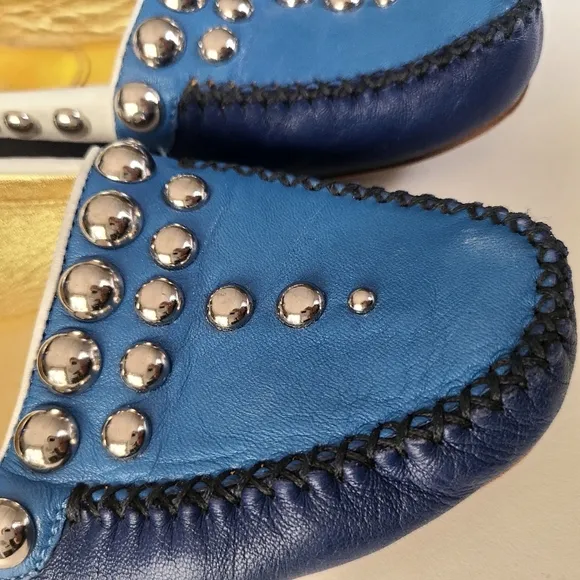 PRADA Driving Moc Studded Silver Embellished Loafer Flat Royal Navy White 36