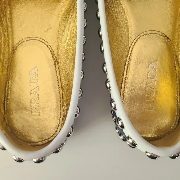 PRADA Driving Moc Studded Silver Embellished Loafer Flat Royal Navy White 36