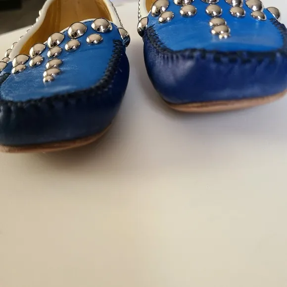 PRADA Driving Moc Studded Silver Embellished Loafer Flat Royal Navy White 36