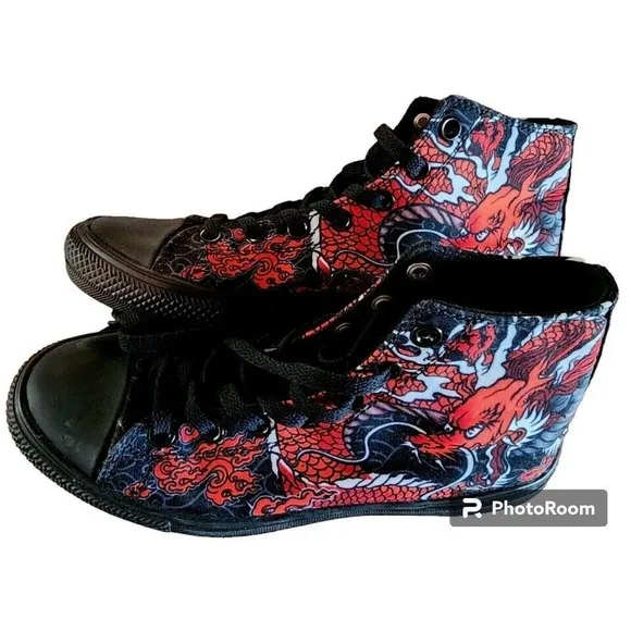 RAAD Shop Red Japanese Dragon Hi Tops US Size M6.5 EU 39.5 W8 Unisex Artsy